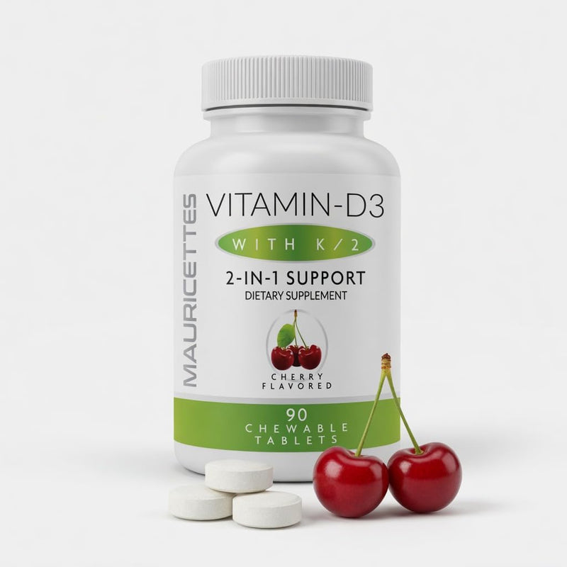 Mauricettes Chewable Vitamin D3 + K2 (MK-7) — No Pills to Swallow — Cherry Flavor Bone, Heart & Immune Support — 2,000 IU, 90 Chewable Tablets for the Whole Family