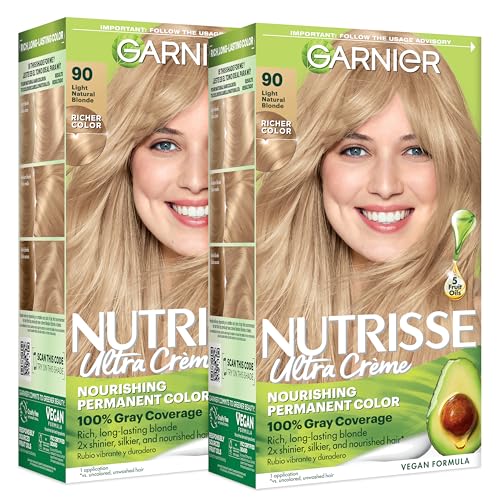 Garnier Nutrisse Ultra Crème Hair Color, Permanent Hair Dye with 100% Gray Coverage, Vegan & Cruelty-Free, 90 Light Natural Blonde (Macadamia), 2 Count 90 Light Natural Blonde (Macadamia) 1 Count (Pack of 2)