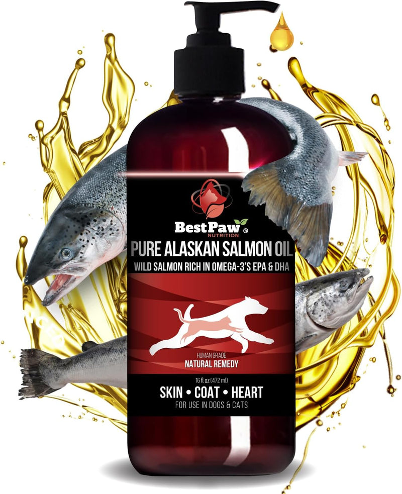Pure Wild Alaskan Salmon Oil for Dogs & Cats Skin and Coat - Fish Oil Liquid with Pump - Supports Joint Function, Immune & Heart Health - Omega 3 Liquid Food Supplement - All Natural EPA + DHA - 16oz 16 Fl Oz - BeesActive Australia
