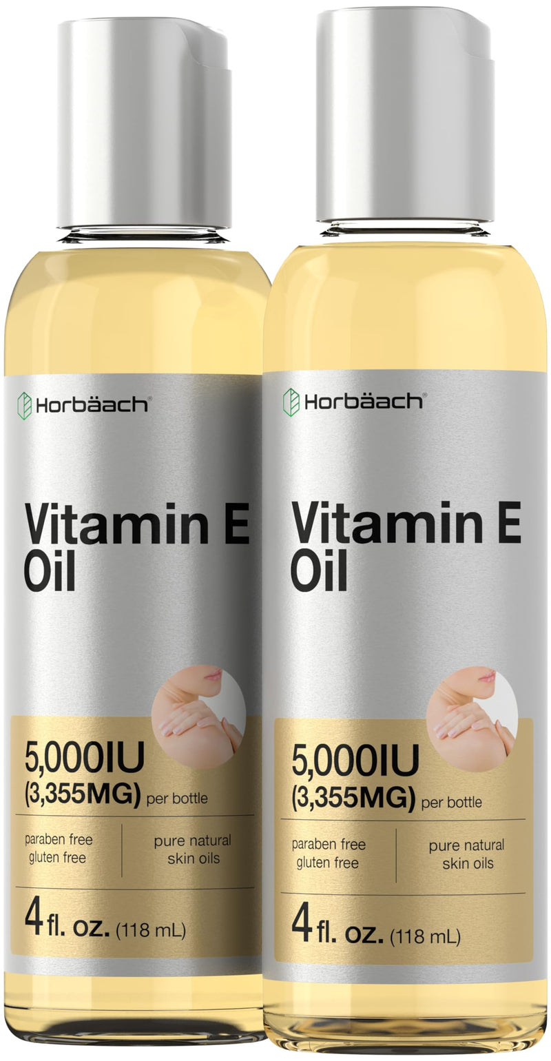 Horbäach Vitamin E Oil | 5000 IU | 8 oz (2 x 4oz) Value Pack | for Skin, Hair, Face & Body | Vegetarian, Non-GMO, and Gluten Free Formula 4 Fl Oz (Pack of 2)