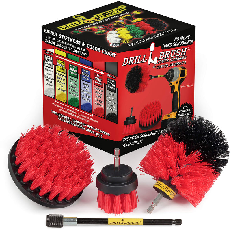 Outdoor - Cleaning Supplies - Drill Brush - Stiff Bristle Power Scrubber Kit with Extension for - Garden - Fire Pit - Patio - Deck - Floor Cleaner - Concrete - Stone - Brick - Spin Brush - Bird Bath Red - BeesActive Australia