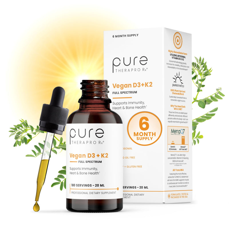 Pure Therapro Rx Vegan D3 + K2, Bone & Heart Health, 5000 IU, 180 Servings | 100% Organic Liposomal, Maximum Absorption, Includes MK4 & MK7 Vitamin K2, For Men & Women, Made in USA 0.68 Fl Oz (Pack of 1)