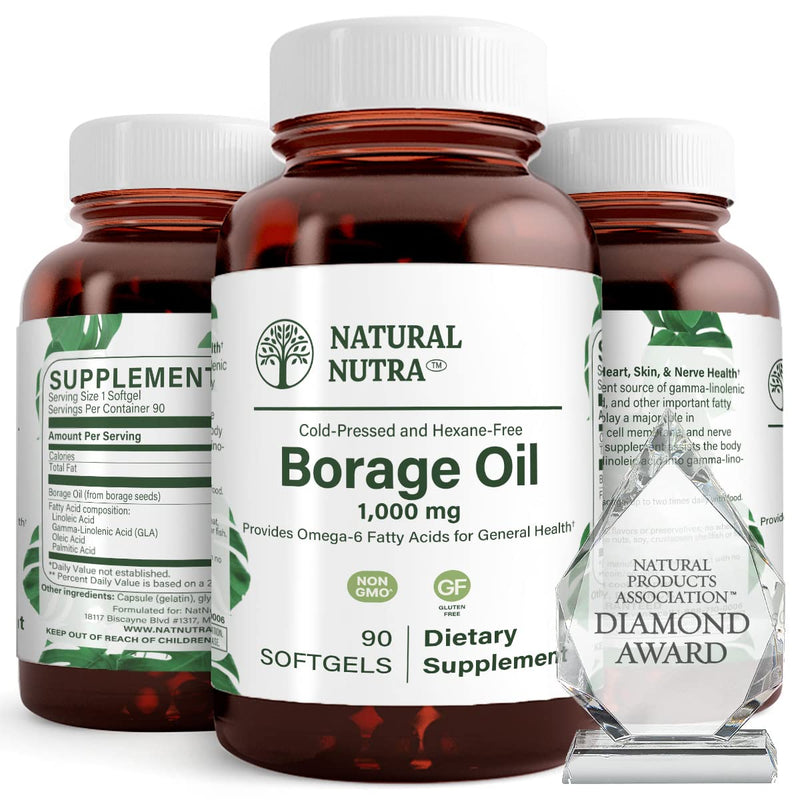 Natural Nutra Borage Oil, Maintain Skin Health, Support Better Heart Health, Improves Nerve Health, Help Overcome Joint paint, Help Reduce Pimple, Omega 6 Essential Fatty Acids Supplement 90 Softgels. 90 Count (Pack of 1)