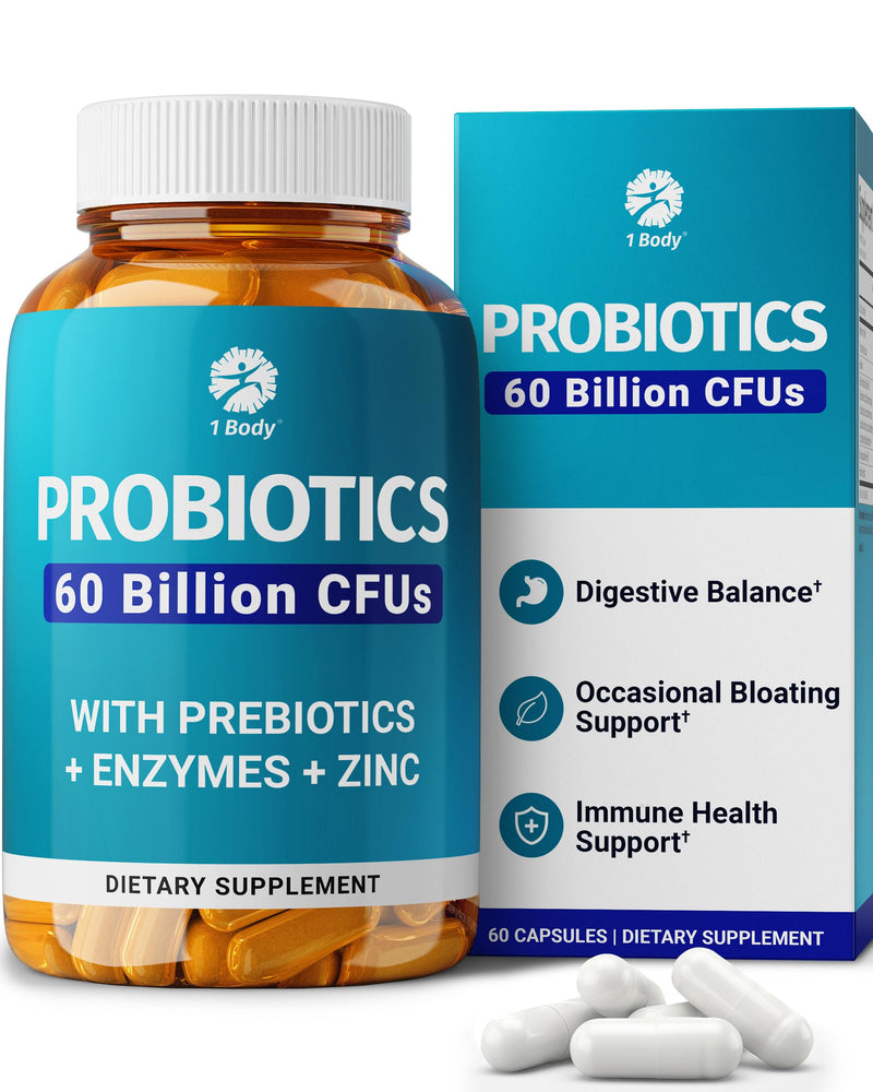 1 Body Probiotic 60 Billion with Prebiotics & Enzymes, 60 Vegan Caps | When Your Gut Feels Good, Everything Feels Better. Supports digestive balance and everyday wellness.* Digestive Probiotics