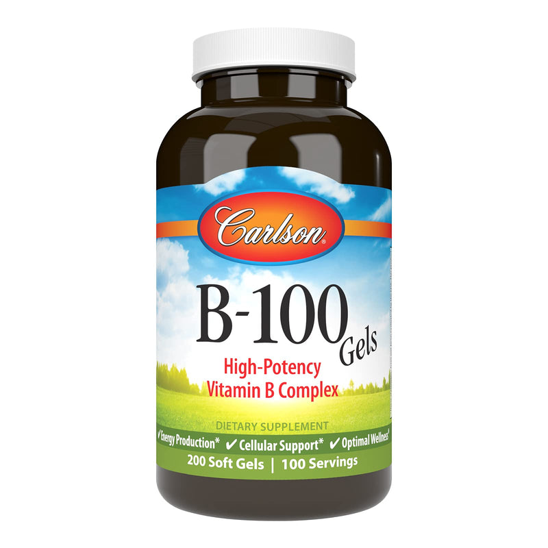 Carlson B-100 Gels, High-Potency Vitamin B Complex, 200 Softgels | Energy Production; Cellular Support; Optimal Wellness