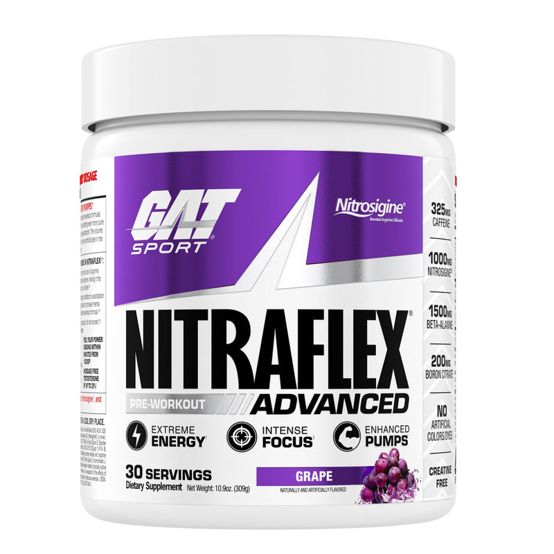 GAT SPORT NITRAFLEX Advanced, Grape, 10.9 oz (30 Servings) | Pre-Workout Powder, Energy Drink Mix, Supports Healthy Blood Flow, Boosts Strength & Energy, Creatine-Free