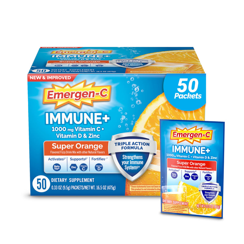 Emergen-C Immune+ Triple Action Immune Support Powder, BetaVia (R), 1000mg Vitamin C, B Vitamins, Vitamin D and Antioxidants, Super Orange – 50 Count - BeesActive Australia