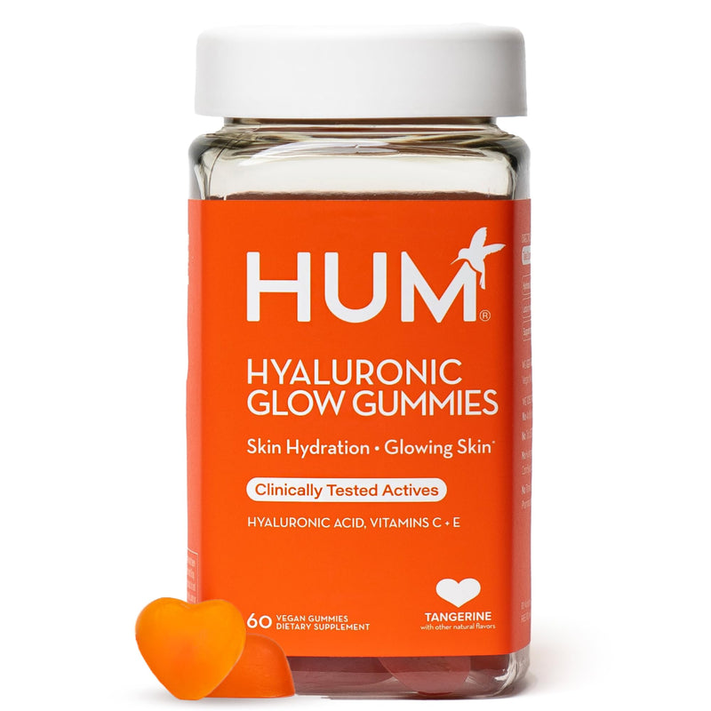 HUM Hyaluronic Glow Gummies Hyaluronic Acid, Vitamin C, Tangerine, 60 Count | Low Molecular Hyaluronic Acid, Vitamin C from Amla Fruit, Vitamin E, Tangerine Flavor, Vegan 60 Count (Pack of 1)