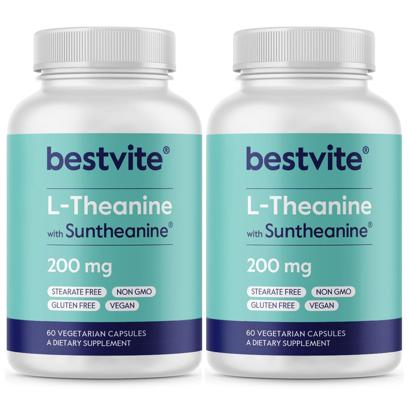 BESTVITE Double Strength Suntheanine L-Theanine 200mg – Patented & Clinically Studied – 120 Vegetarian Capsules (2 x 60) – Vegan – No Stearates – Non GMO – Gluten Free – Relaxation Support 120 Count (Pack of 1)
