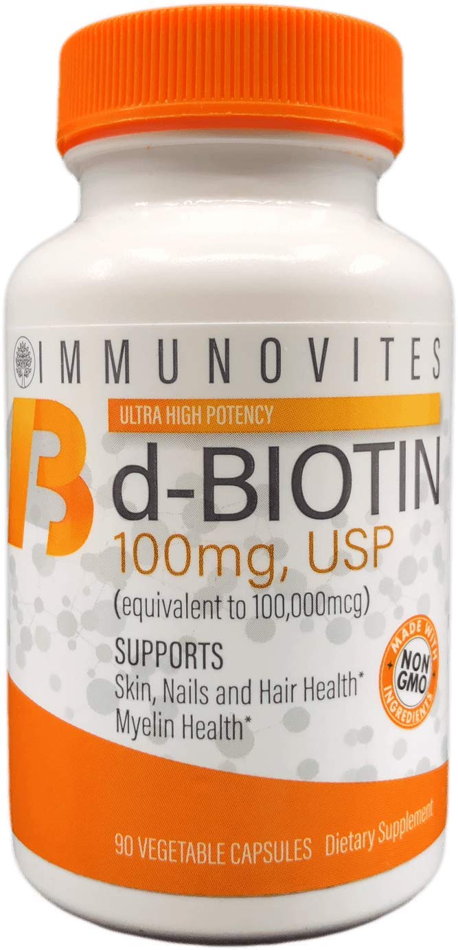 IMMUNOVITES High Dose Biotin (as d-Biotin, USP) 100mg (Equivalent to 100,000mcg) 90 Capsules, High Potency 1