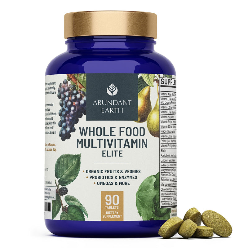 Abundant Earth Whole Food Multivitamin for Women, Daily Multi Vitamins Supplements for Men/Mens Multivitamins + B Complex, Probiotic Multi Enzyme, Omegas for Organic Energy, Mood, Digestion 90ct 1 Count (Pack of 1)