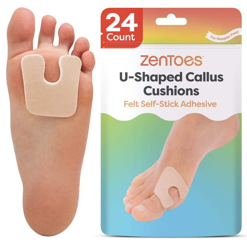 ZenToes U-Shaped Felt Callus Pads | Protect Calluses from Rubbing on Shoes | Reduce Foot and Heel Pain | Pack of 24 | 1/8” Self-Stick Pedi Cushions 24 Count Beige - BeesActive Australia