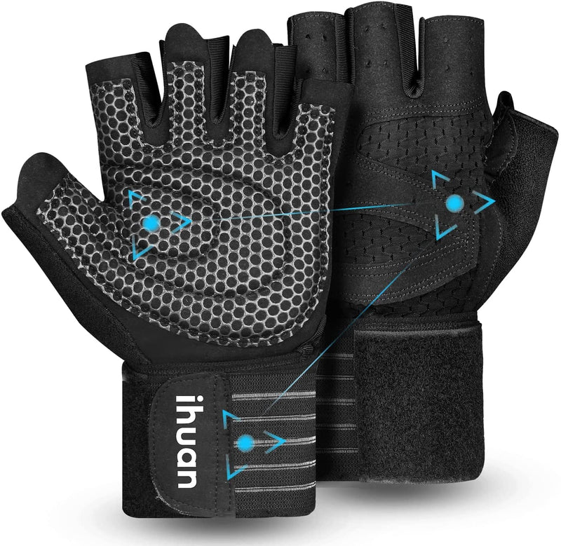 ihuan Ventilated Weight Lifting Gym Workout Gloves with Wrist Wrap Support for Men & Women, Full Palm Protection, for Weightlifting, Training, Fitness, Hanging, Pull ups Black Large - BeesActive Australia