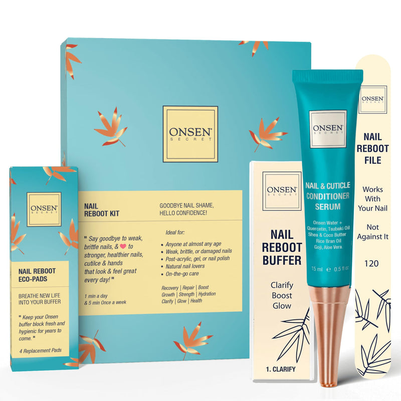 Onsen Secret Nail Care Kit - w/Cuticle Care Serum, Japanese Nail Buffer and Shine Kit - Strengthening & Shining - Spa-Quality Manicure - Organic Ingredients - Long-Lasting Shine - Easy & Safe - 1pk Essential Nail Reboot Kit (Serum)