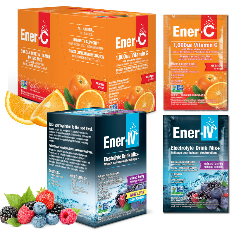Ener-C & Ener-IV Drink Mix Pack, Immune Booster for Adults - 42 Count | Vitamin Packets for Water, Electrolytes Powder Packet, Hydration Liquid Mix, Healthy Energy, Low Sugar Mixed Berry & Orange Vitamin C 10.65 Ounce (Pack of 1)