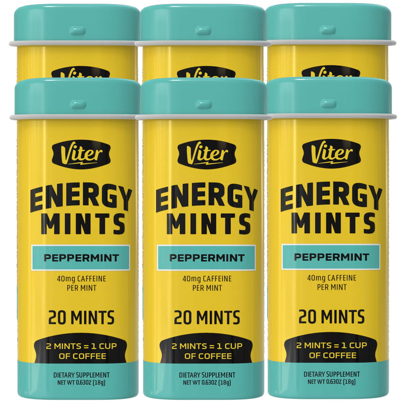 Viter Energy 40mg Caffeine Mints - Sugar Free, B Vitamins, Vegan, Boosts Fast Energized Alert Focus, Caffeinated Nootropic Supplement Pills (Peppermint Flavor, 20pcs, 6 Pack, 120pcs Total) Peppermint 20 Count (Pack of 6)