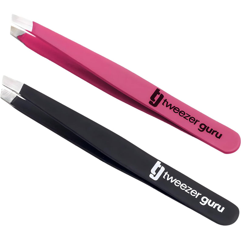 2-Pack Slant Tip Stainless Steel Tweezers for Eyebrows - Professional Precision Tweezing for Facial Hair 2 Count (Slant) Black + Pink