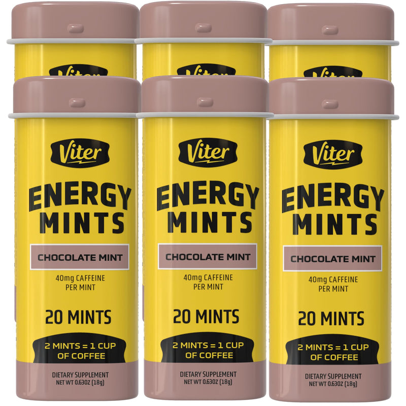 Viter Energy Caffeinated Mints 40mg Caffeine, B Vitamins, Sugar Free. (Chocolate Mint, 20pcs, 6 Pack)