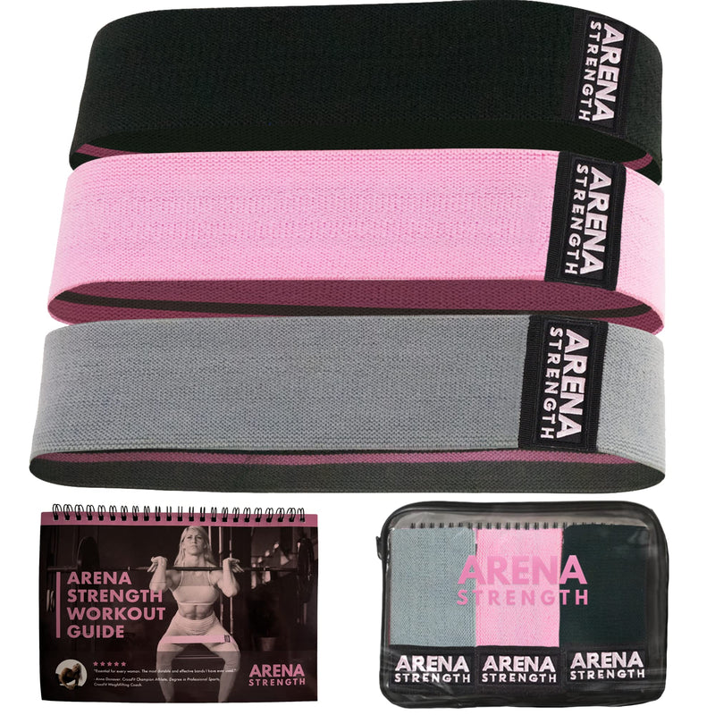 Arena Strength Fabric Booty Bands - Fabric Exercise Bands for Legs and Butt | Fabric Resistance Bands | Hip Resistance Bands with Workout Guide and Carry Case Gray, Pink, Black