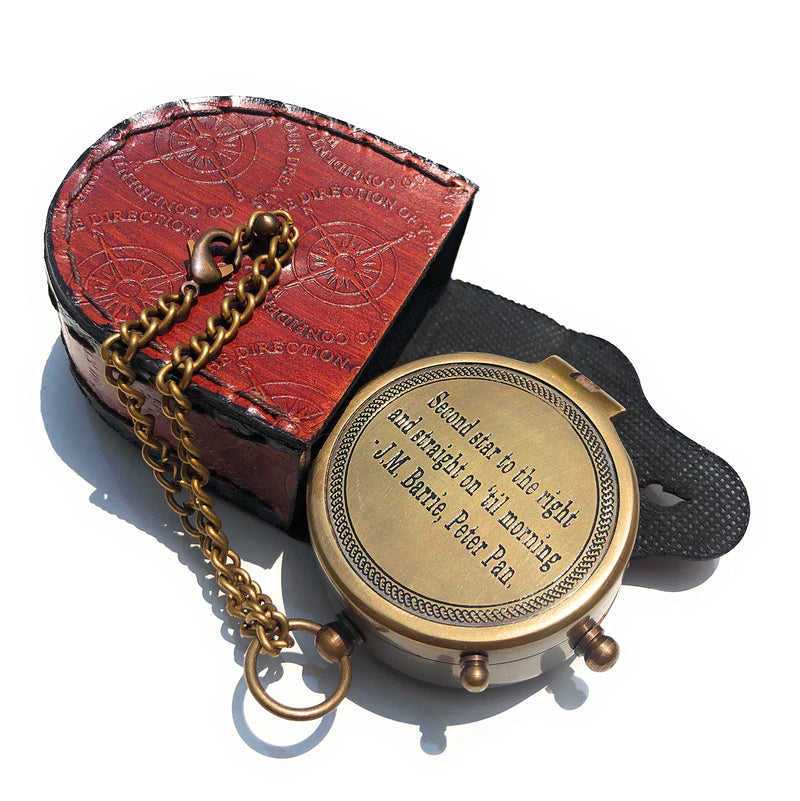Second Star to The Right J. M. Barrie, Peter Pan Engraved Brass Compass Directional Compass Magnetic Pocket Personalized Gift for Camping, Hiking and Touring - BeesActive Australia
