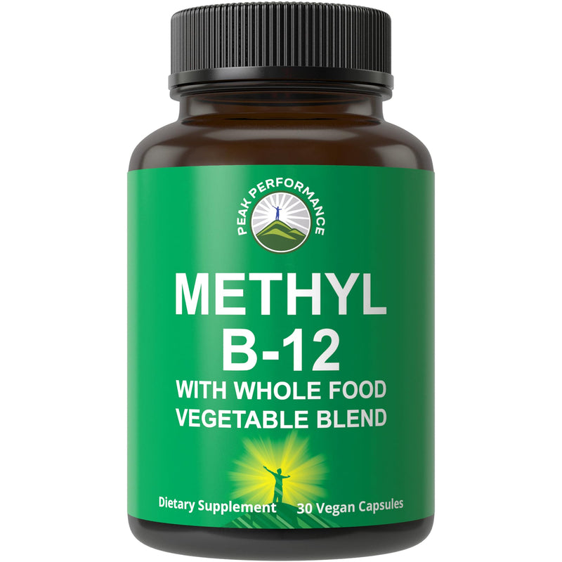 Peak Performance Methyl B12 Vitamin + Whole Food Vegan Supplement Capsules | With Blend of 25 Vegetables & Fruits for Max Absorption. Vitamin B12 Methylcobalamin. Methyl B-12 for Energy, Focus + Relief