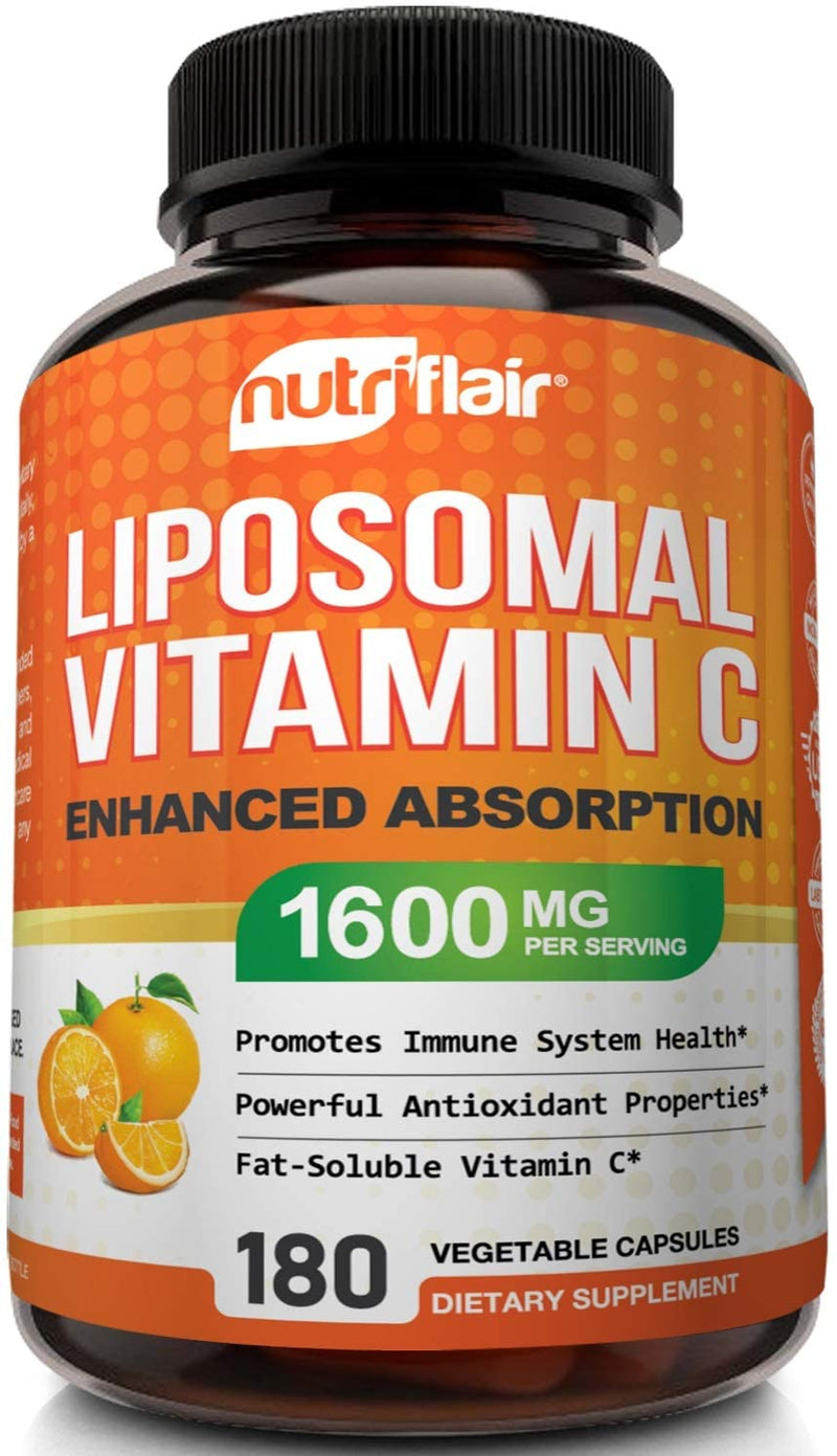 NutriFlair Liposomal Vitamin C 1600mg, 180 Capsules - High Absorption, Fat Soluble VIT C, Antioxidant Supplement, Higher Bioavailability Immune System Support & Collagen Booster, Non-GMO, Vegan Pills 180 Count (Pack of 1) - BeesActive Australia
