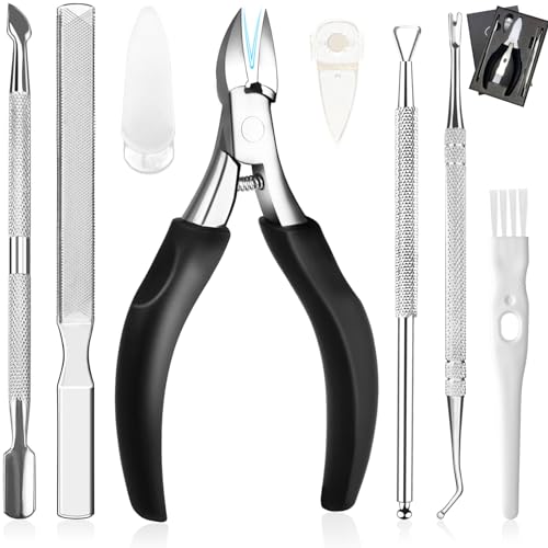 Ingrown & Thick Toenail Clippers Set, 8 Pcs Heavy Duty Stainless Steel Nail Nippers Kit, Lengthened Non-Slip Ergonomic Handle Manicure & Pedicure Tools for Seniors Men Women Diabetic Users Stainless Steel, Black