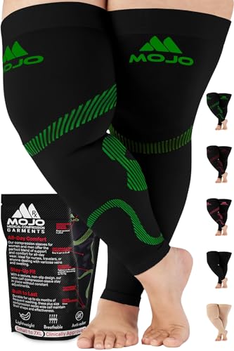 Mojo Compression Socks - 20-30mmHg Graduated Support Thigh-Hi Leg Sleeves with Grip Top - Reduces Swelling, Ideal for Varicose Veins, Lymphedema, DVT Treatment - 1 Pair 3X-Large Black/Green