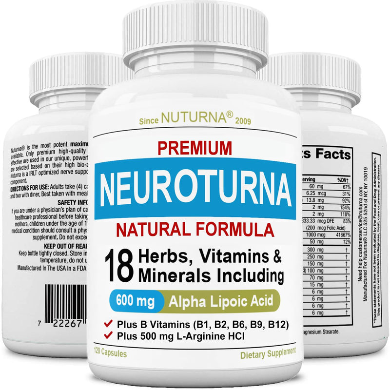 Nuturna Neuroturna Support Supplement with 600 mg Pure Alpha Lipoic Acid - Advanced ALA Formula for Feet Hands Fingers Legs - Ultra Potent 18 in 1 Natural Vitamins - 120 Capsules 120 Count (Pack of 1)