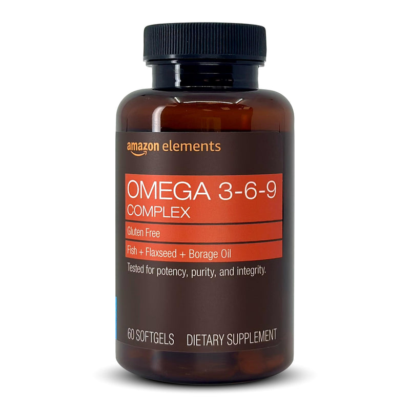Amazon Elements - Revly Omega 3-6-9, Complex of Fish, Flaxseed and Borage Oil - EPA & DHA Omega-3 fatty acids - 60 Softgels, 2 Month Supply Unflavored