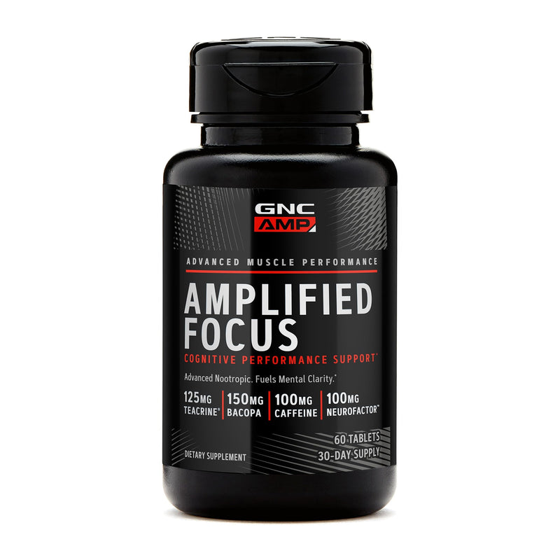 GNC AMP Amplified Focus, Fuels Mental Clarity, 60 Tablets | Features Teacrine, Bacopa, Caffeine, and NeuroFactor to Support Cognitive Focus, Concentration, and Memory