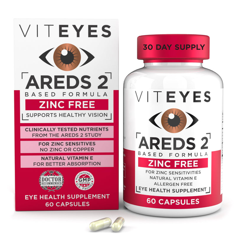 Viteyes AREDS 2 Zinc Free Macular Support, Natural Allergen Free Capsules with Vitamin E, Vitamin C, Lutein & Zeaxanthin, No Zinc, No Copper, Eye Doctor Trusted, Manufactured in the USA, 60 Ct 60 Count (Pack of 1)