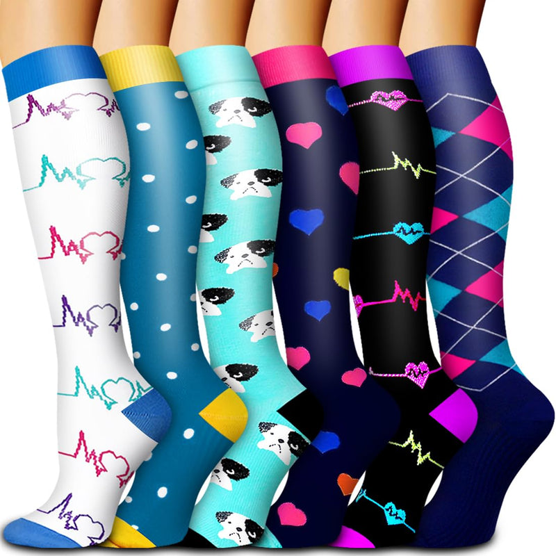 6 Pack Copper Compression Socks for Women and Men Circulation-Best Support for Medical,Running,Nursing,Athletic Large-X-Large C-white+blue