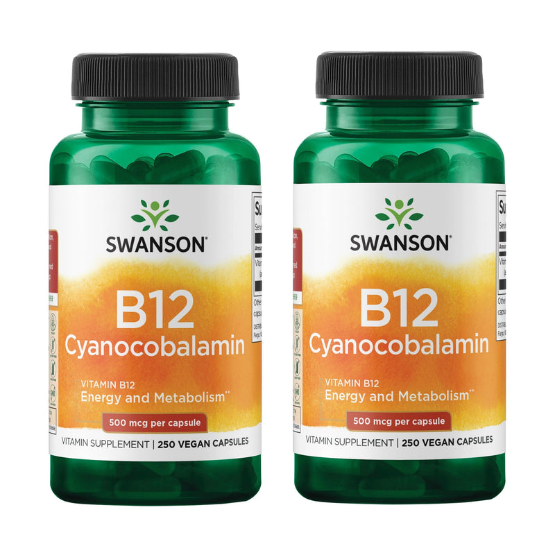 Swanson B12 Cyanocobalamin - Metabolism & Energy Support - Aids Nervous System & Cardiovascular Health - Supports Red Blood Cell Production* - Non-GMO & Gluten Free - 250 Capsules 250 Count (Pack of 2)
