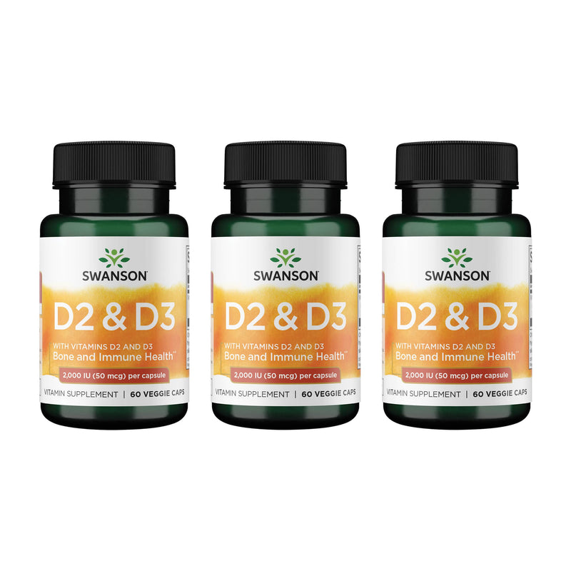 Swanson D2 and D3 2,000 IU Bone Health, 60 Veggie Capsules, 3 Pack | Dental and Bone Health Supplement, Offers Immune Support, Aids Calcium Absorption, Non-GMO Sunshine Vitamin Complex 60 Count (Pack of 3)