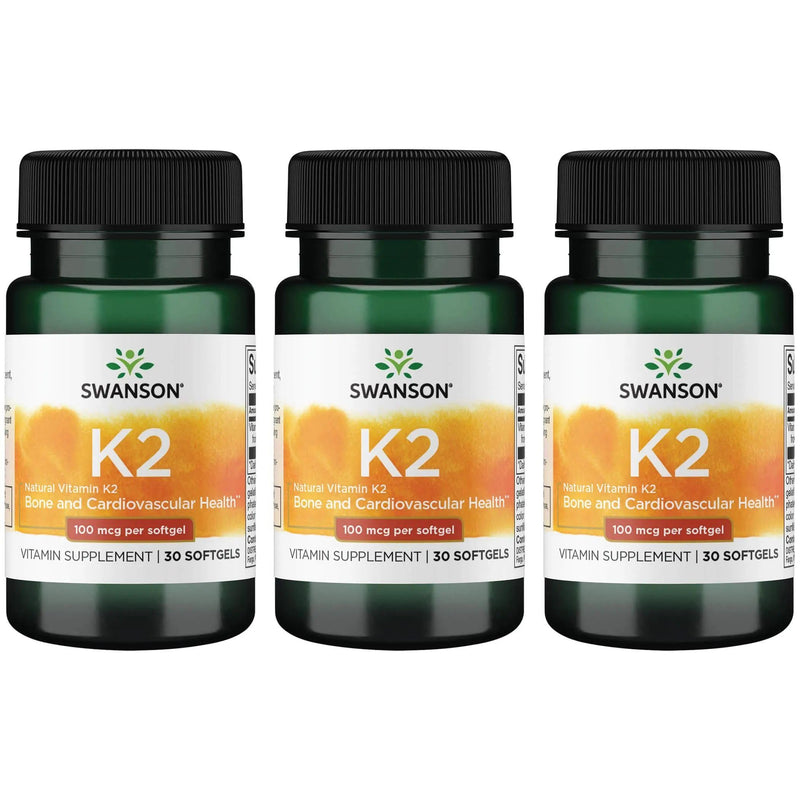 Swanson Vitamin K2 (Menaquinone-7) - Vitamin Supplement Supporting Cardiovascular and Bone Health - Made from Japanese Natto to Help Regulate Calcium - (30 Softgels, 100mcg Each) (3 Pack) 30 Count (Pack of 3)
