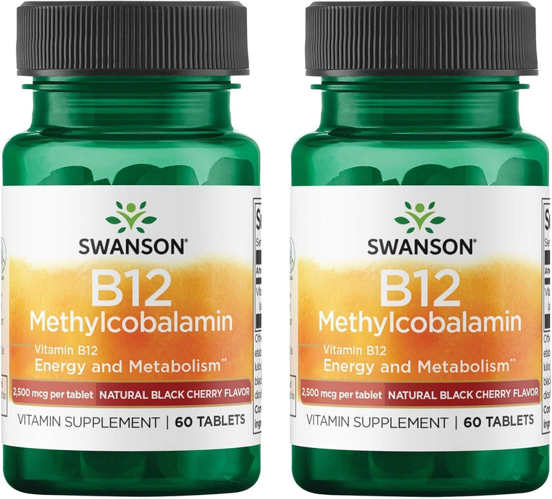 Swanson B12 Methylcobalamin, 2,500 mcg, 60 Tablets, Black Cherry, 2 Pack | High-Absorption Methylcobalamin Supporting Energy Metabolism, Essential for a Healthy Nervous System and Red Blood Cells 60 Count (Pack of 2)
