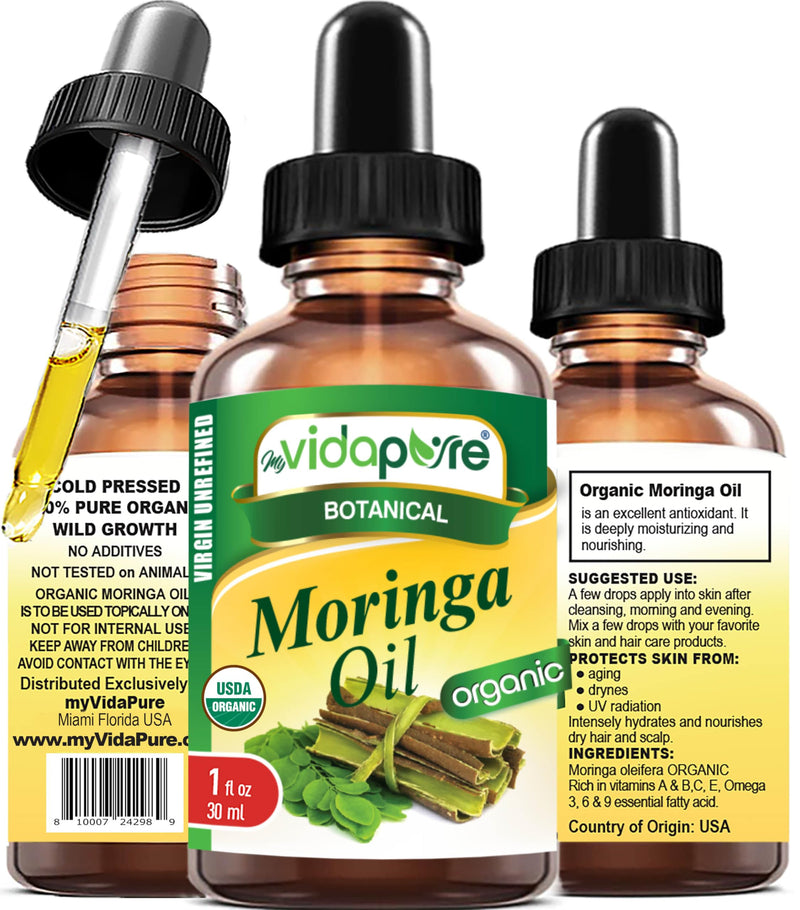 Organic MORINGA OIL Moringa Oleifera Certified Organic 100% Natural Pure Virgin Unrefined for Face, Skin, Body, Hair, Lip, Nails Anti-Aging, Rich in Vitamin E (1 Fl Oz) 1 Fl Oz (Pack of 1)