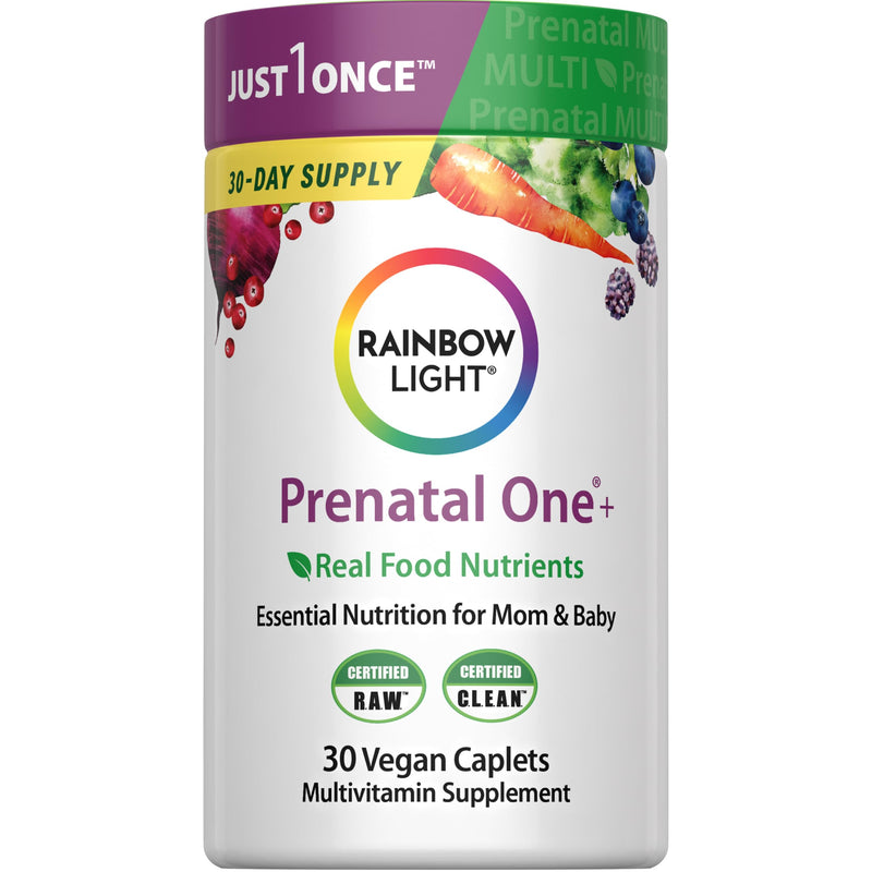 Rainbow Light Prenatal Multivitamin One + for Women | 30 Caplets | Essential Nutrition for Mom & Baby | Real Food Nutrients | with Iron, Vitamins, Folate, Biotin and More Prenatal One 30 Count (Pack of 1)