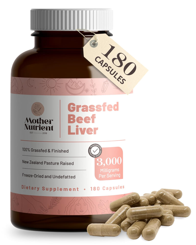 Mother Nutrient Grass Fed Beef Liver Capsules Sourced from Pasture-Raised Beef in New Zealand ‚Äî Vitamins A and B12 w/Iron, Protein, and More - 45-Day Supply-180 Capsules