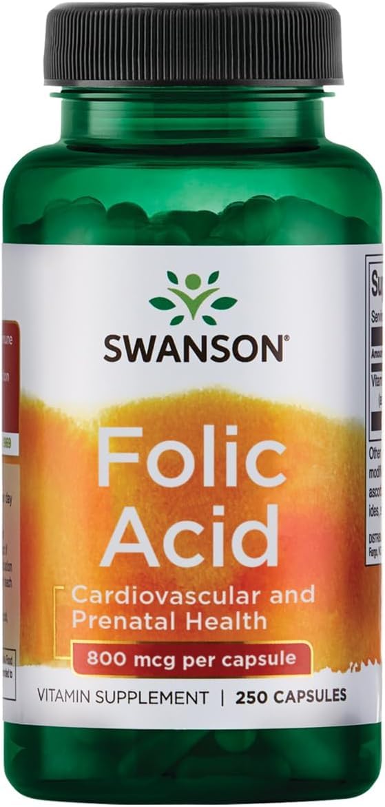 Swanson Folic Acid 800 mcg (Folate DFE), 250 Capsules | Supports Heart Health and Promotes Cell Growth, DNA Synthesis and Red Blood Cell Production, an Important Prenatal Vitamin