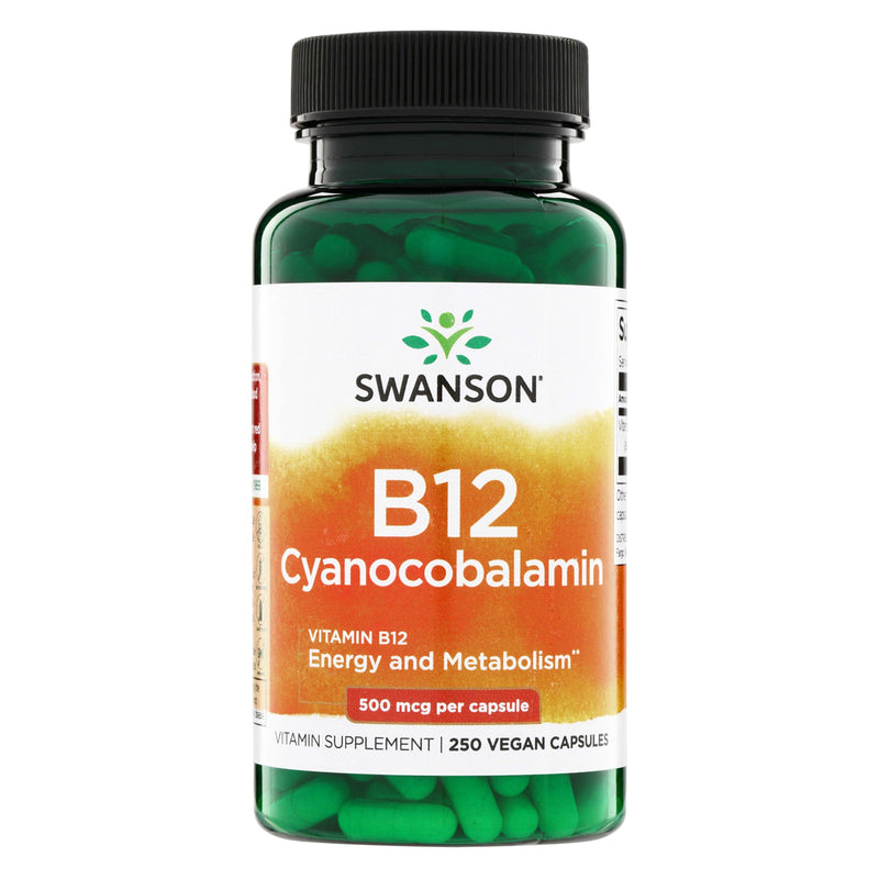 Swanson Vitamin B12 Cyanocobalamin 500 mcg, 250 Vegan Capsules | Aids Nervous System and Cardiovascular Health, Supports Red Blood Cell Production*, Non-GMO and Gluten Free 250 Count (Pack of 1)