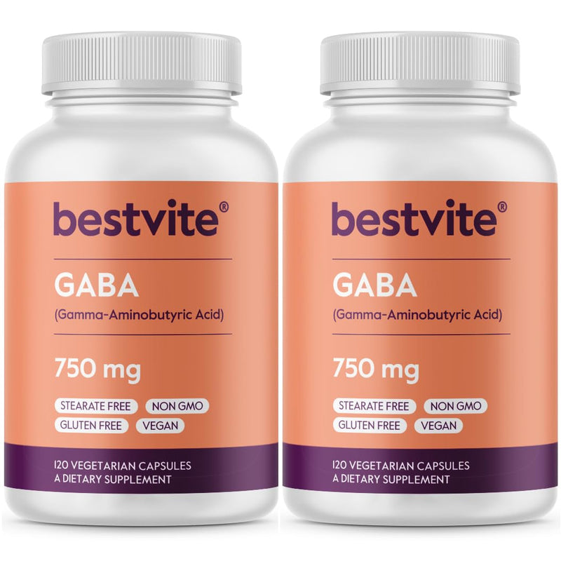 BESTVITE GABA 750mg per Capsule (240 Veg Caps) (120 x 2) - No Fillers | No Stearates - Vegan - Gluten Free - Non GMO - Gamma-Aminobutyric Acid - Neurotransmitter Support* 240 Count (Pack of 1)