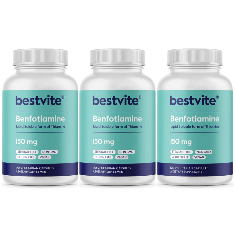 BESTVITE Benfotiamine 150mg (360 Veg Caps) (120x3) - No Stearates - Vegan | Fat Soluble Vitamin B1 Thiamine Supplement - No Silicon Dioxide - Non GMO - Gluten Free - Easy to Swallow Capsules 1 Count (Pack of 360)