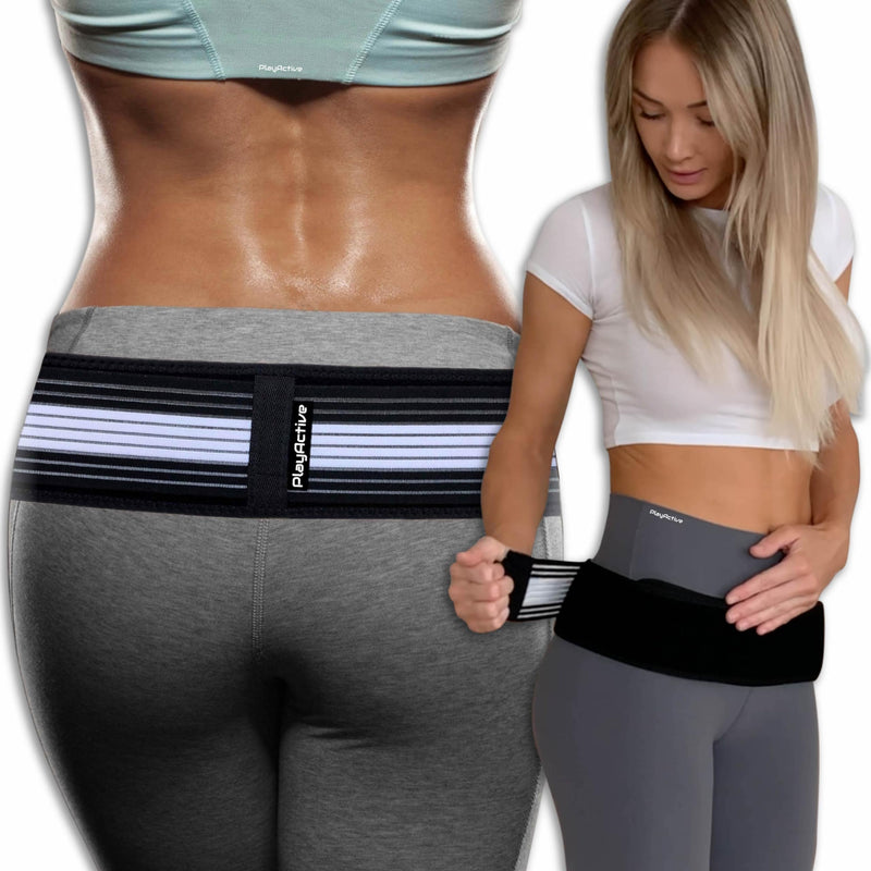 PlayActive Sacroiliac SI Joint Hip Belt - Lower Back Support Brace for Men and Women - Pelvic Support Belt - Trochanter Belt - Sciatica Pelvis Lumbar Hip Pain Relief (Regular) REGULAR (Hip Size 32-47 inch) Black & White - BeesActive Australia