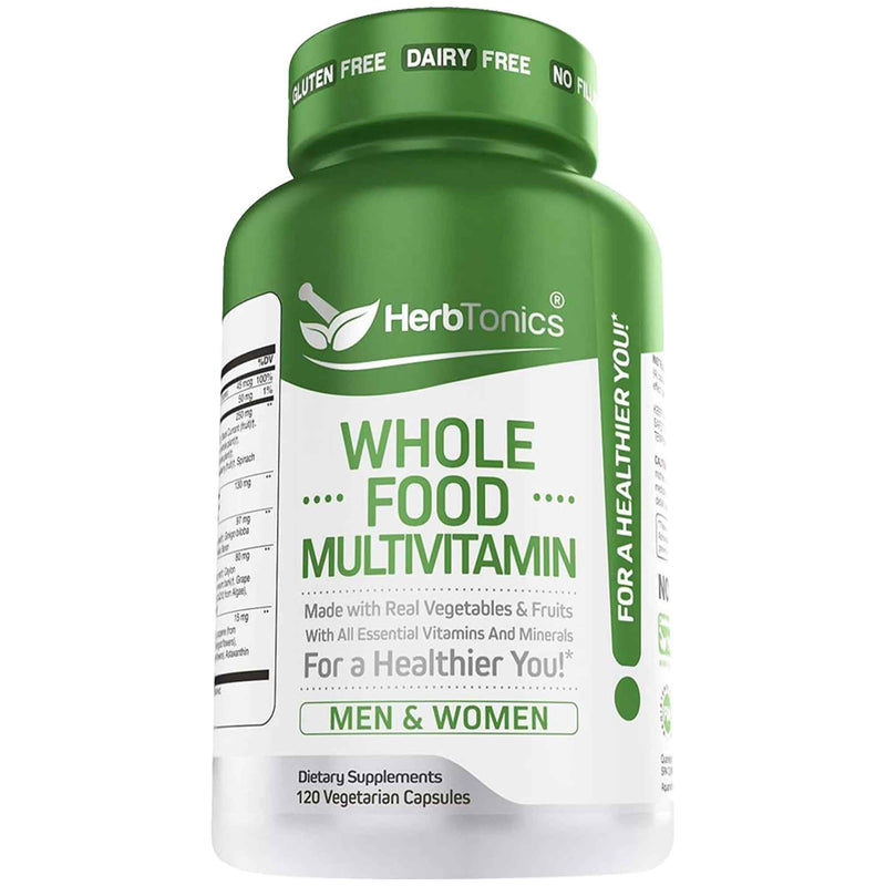 Herbtonics Whole Food Multivitamin for Men & Women – Vegan Multivitamin with Real Fruits & Veggies, Probiotics, CoQ10, Turmeric & More – 120 Capsules
