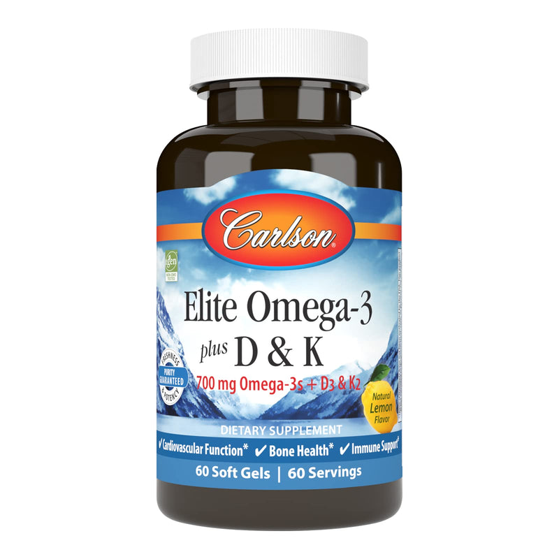Carlson Elite Omega-3 Plus D & K, 700 mg, Omega-3s, Lemon, 60 Softgels | plus Vitamin D3 and K2 as MK-7 60 Count (Pack of 1)