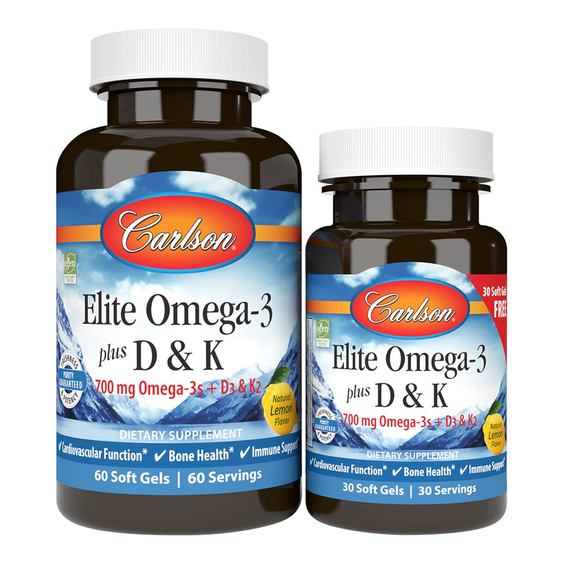 Carlson Elite Omega-3 Plus D & K, 700 mg, Omega-3s, Lemon, 60 + 30 Softgels | plus Vitamin D3 and K2 as MK-7 60 30 Soft Gels
