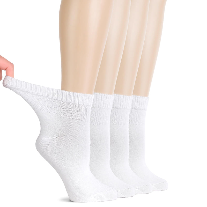 Hugh Ugoli Diabetic Socks for Women, Extremely Soft, Rayon derived from Bamboo, Ankle, Thin, Wide, Loose, Non-Binding Top 6-9 02- White (4 Pairs)