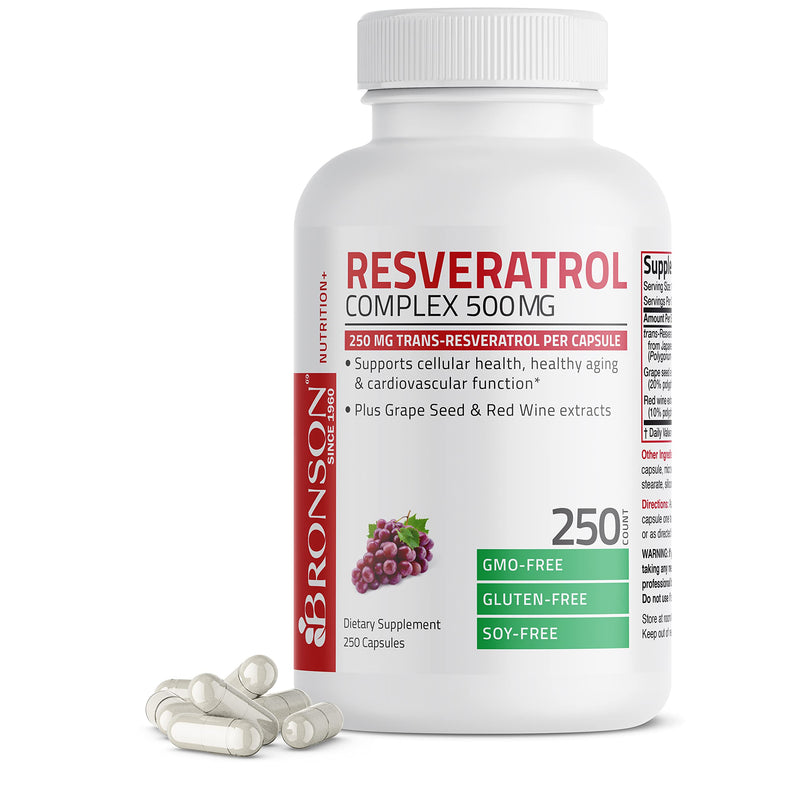 Bronson Resveratrol Complex 500 mg with Grape Seed & Red Wine, 250 Capsules | trans-Resveratrol from Japanese Knotweed, Healthy Aging & Cellular Support, Non-GMO, Gluten-Free & Soy-Free 250 Count (Pack of 1)